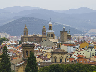 Panoramic view of Pamplona on the background of mountains. Navarra, Spain.
