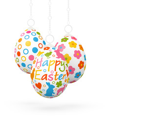 Happy Easter - Drei hängende, verzierte, dekorative Ostereier isoliert auf weißem Hintergrund. Vorlage für Ostergrußkarten. Ostern, Ostergrüße, Grußkarte - Frohe Ostern