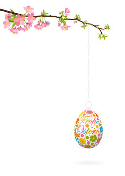 Frohe Ostern - Osterei, hängend an einem Kirschblütenzweig. Ostergrüße - Grußkarte mit Freiraum für Text. Hintergrund Designvorlage - Kirschblüte, Zweig, Osterei, bemalt - Easter Egg - Happy Easter.