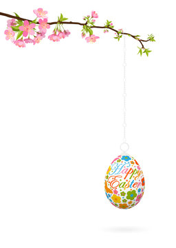 Happy Easter - Osterei, hängend an einem Kirschblütenzweig. Ostergrüße - Grußkarte mit Freiraum für Text. Hintergrund Designvorlage - Kirschblüte, Zweig, Osterei, bemalt - Easter Egg - Frohe Ostern.