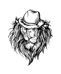 Vector hand drawn realistic lion in hat character.