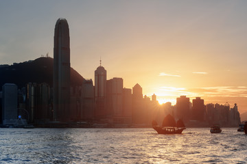 Scenic view of skyscrapers in downtown of Hong Kong at sunset