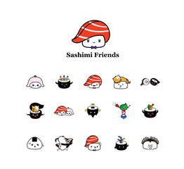Wasabi friends / There are fifteen different expressions and symbols about sushi and sashimi.