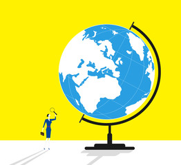 Searching / A business woman is holding a magnifier and looking on a globe