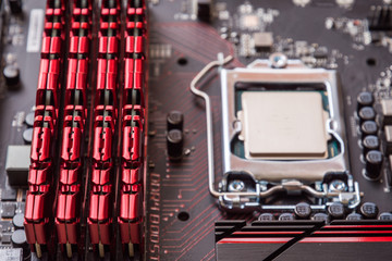 computer mainboard. Electronic printed circuit board chemicon cp