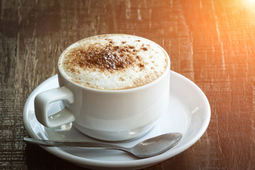 hot coffee on the counter in the cafe.