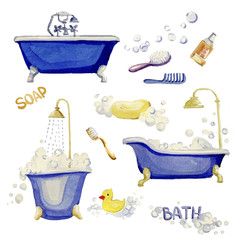 Set of elements of an interior bathroom. Watercolor illustration.