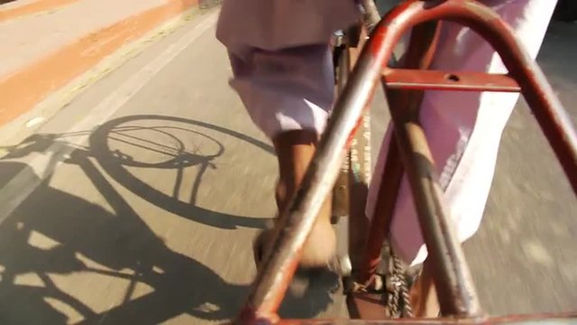 Camera mounted on back bike shooting feet pedaling.