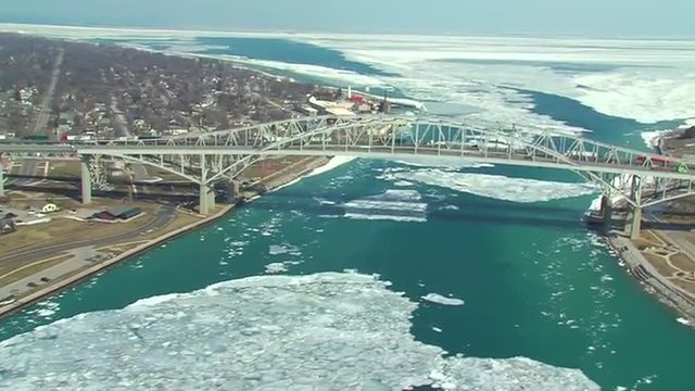 Aerials over the Canada - U.S. border at Port Huron and the Blue Water Bridge.