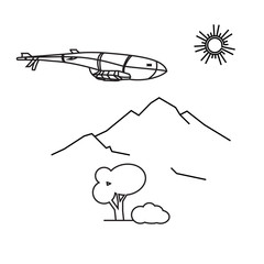 Image of outline aerostat, trees, mountain
