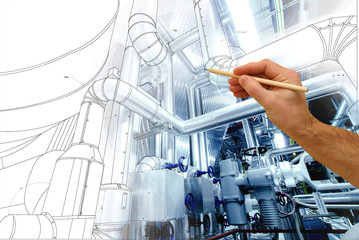 man's hand draws a design of factory combined with photo of mode