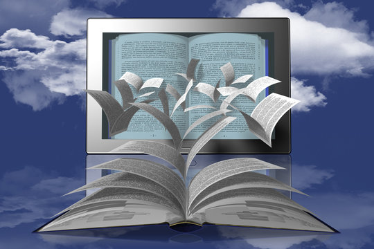 Ebook Tablet_0032015
Le pagine si staccano da libro aperto e volano verso il tablet o libro elettronico con sullo sfondo il cielo azzurro.
