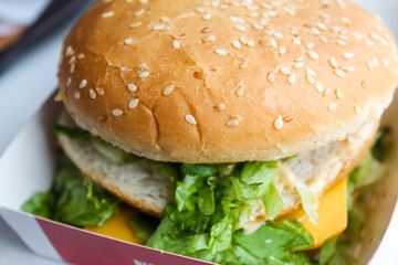 Cheese lettuce burger with sesame seeds