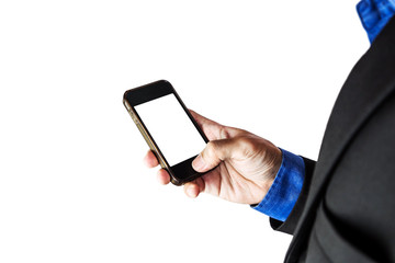 Businessman holding smart phone with copy space, selective focus, isolated on white background