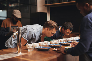 Baristas learning about different coffee varieties in a modern r