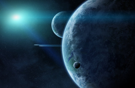 Fototapeta Sunrise over group of planets in space