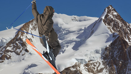 Ski Jumper in front of the Monte Rosa in Switzerland