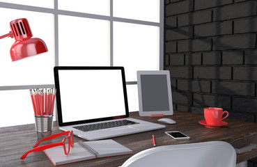 3D illustration laptop and work stuff on table near brick wall, Workspace