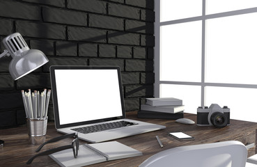 3D illustration laptop and work stuff on table near brick wall, Workspace