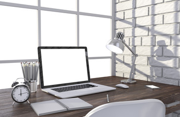 3D illustration laptop and work stuff on table near brick wall, Workspace