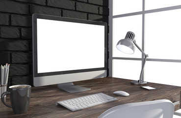 Fototapeta premium 3D illustration PC screen on table in office, Workspace