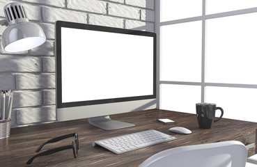 3D illustration PC screen on table in office, Workspace