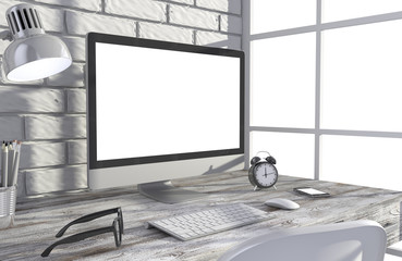Fototapeta premium 3D illustration PC screen on table in office, Workspace
