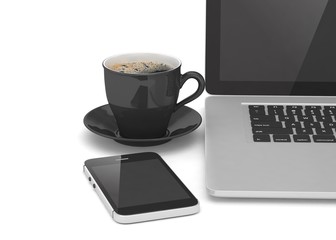 Laptop smartphone and coffee cup on white