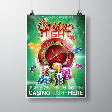 Vector Party Flyer design on a Casino theme with chips and roulette wheel on green background.