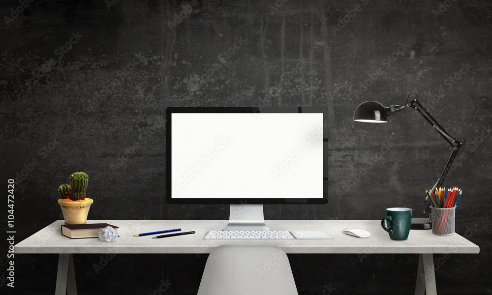Poster isolated computer display for mockup. office interior with window, lamp, plant, keyboard, mouse, pen
