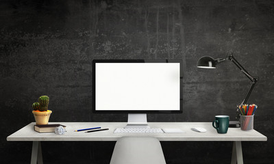 Isolated computer display for mockup. Office interior with window, lamp, plant, keyboard, mouse,...