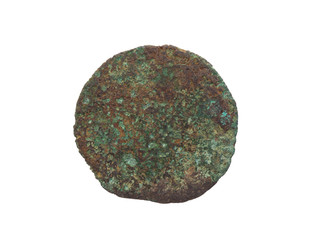 Unrecognisable old coin, rusted and green, isolated