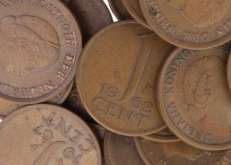 Old dutch cent coins, isolated, selective focus