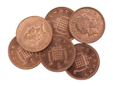 Penny coins isolated, selective focus