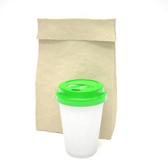 Coffee to go and lunch bag, on white.