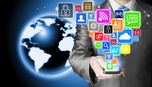 Business man using smart phone with social media icon set