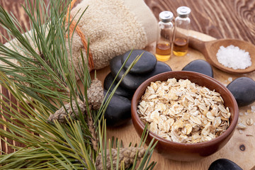 Composition of spa treatment on wooden background