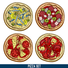set of four pizzas