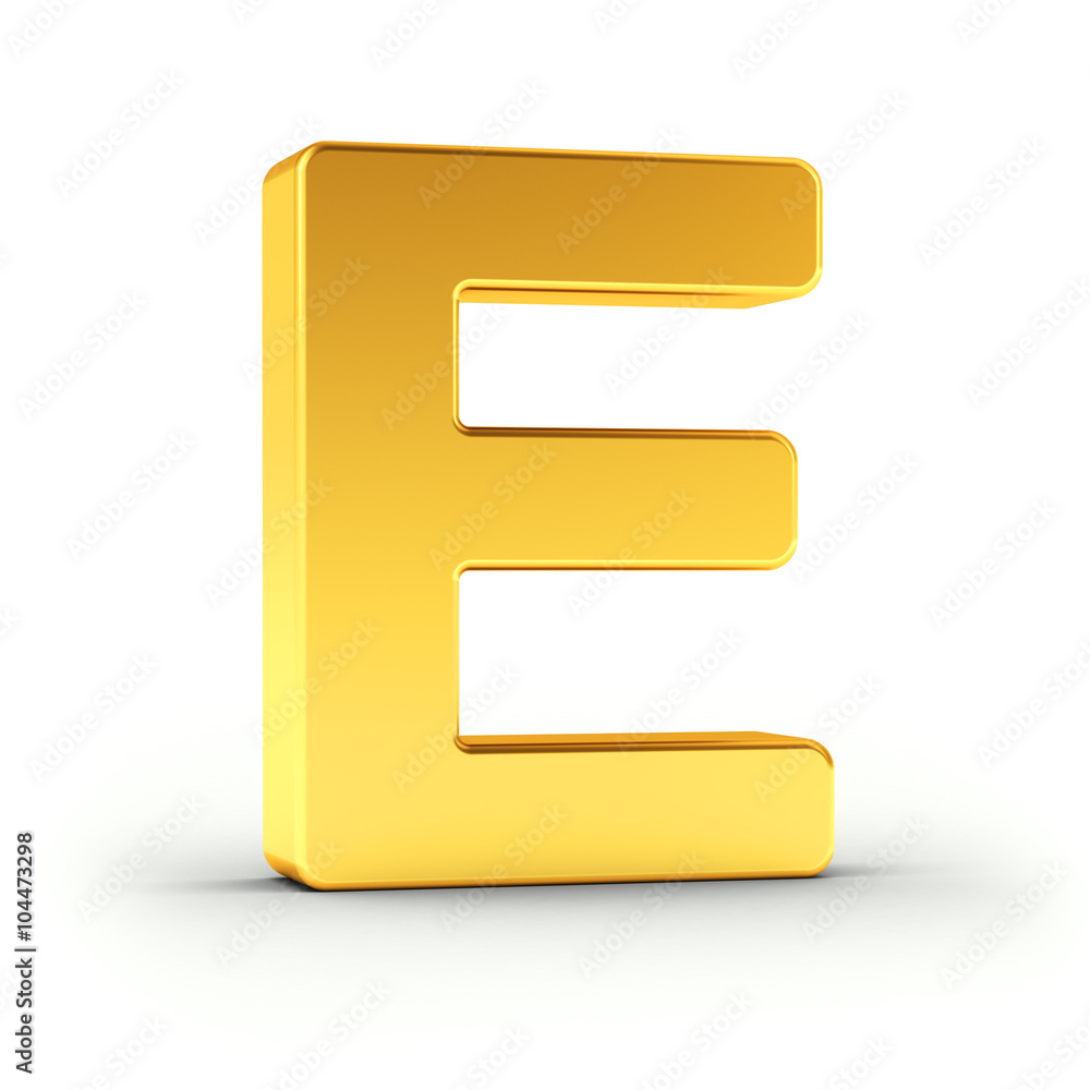 Poster the letter e as a polished golden object with clipping path