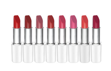 Various lipsticks on white background