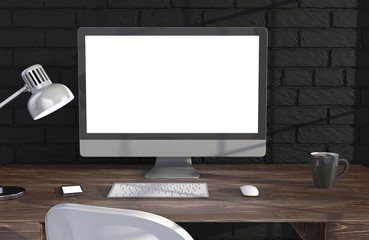 Fototapeta premium 3D illustration PC screen on table in office, Workspace