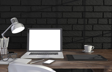 3D illustration laptop and work stuff on table near brick wall, Workspace