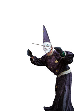 Man dressed as a wizard, isolated on white background.