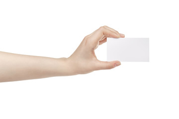 Fototapeta premium young female hand hold blank white paper card, isolated on white