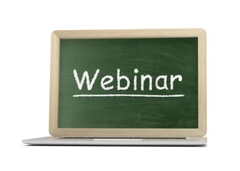 Fototapeta premium Laptop with chalkboard, webinar, online education concept