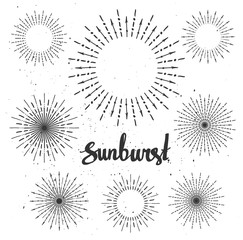 Vintage sunburst collection. Hipster style. Vector illustration.