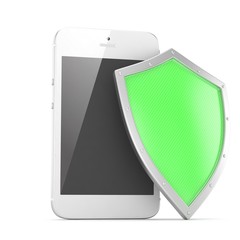 Smartphone and shield on white, security concept