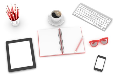 office stuff on table, workplace, top view