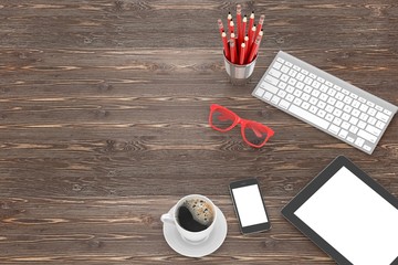 office stuff on table, workplace, top view