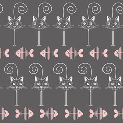 Cats and fish bones seamless pattern